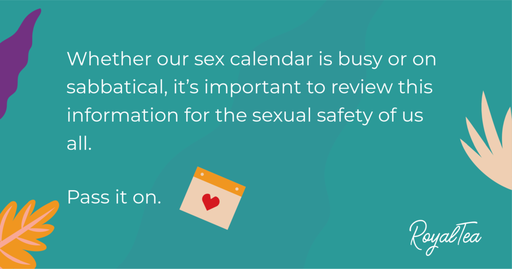 Illustration of a calendar that reads "Whether our sex calendar is busy or on sabbatical, it's important to review this information for the sexual safety of us all."